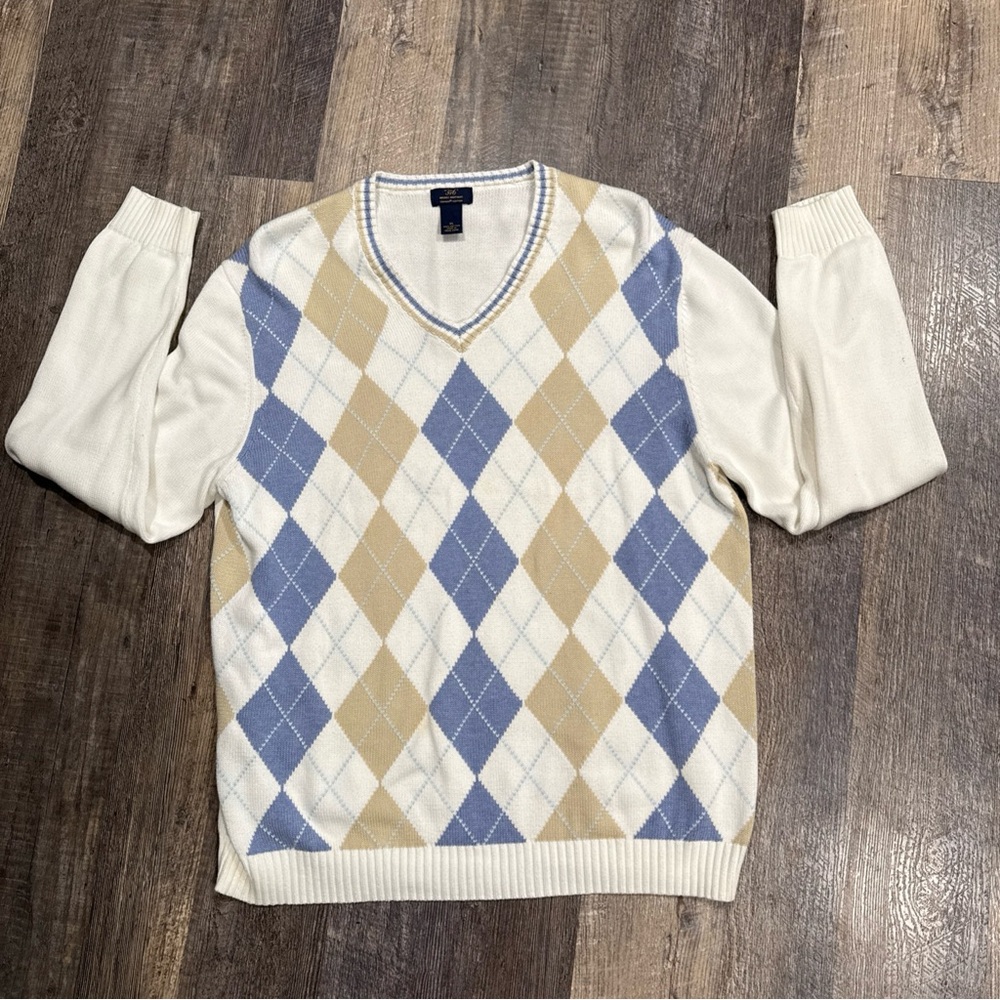 Brooks Brothers Cream Argyle V-Neck Sweater with Blue & Tan Diamonds